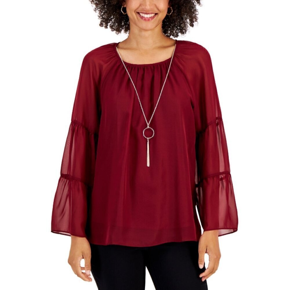 JM Collection Petite Medium Burgundy Tier-Sleeve Top NWT - MISSING NECKLACE